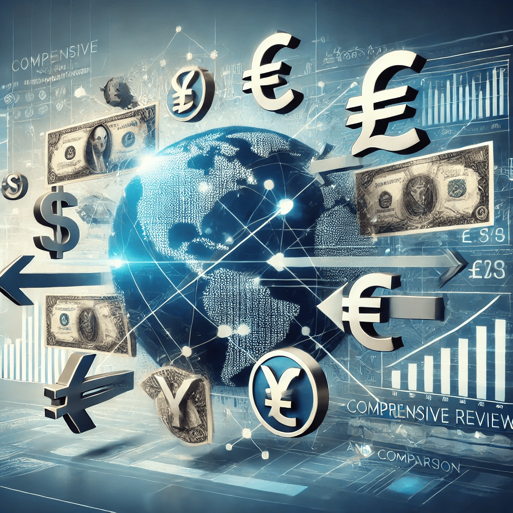 Digital composition of various world currency symbols with a glowing globe and financial data graphics in the background.